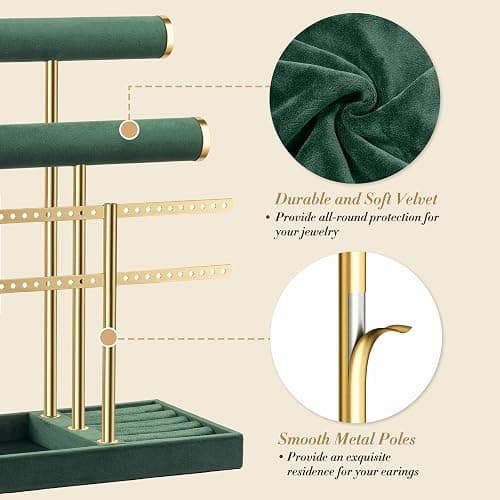 bussdis 3 Tier Bracelet Holder Display - Detachable T Bar Dark Green Velvet Bracelet Holder, Jewelry Holder Organizer for Bracelet, Necklace, Earrings, Rings thumbnail 4