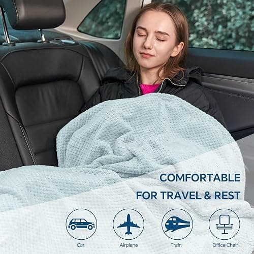 BEDELITE Travel Blanket with Bag, Ultra-Soft Jacquard Fleece Blanket with Luggage Sleeve & Backpack Clip, Airplane Blanket Travel Essentials, Blue thumbnail 7