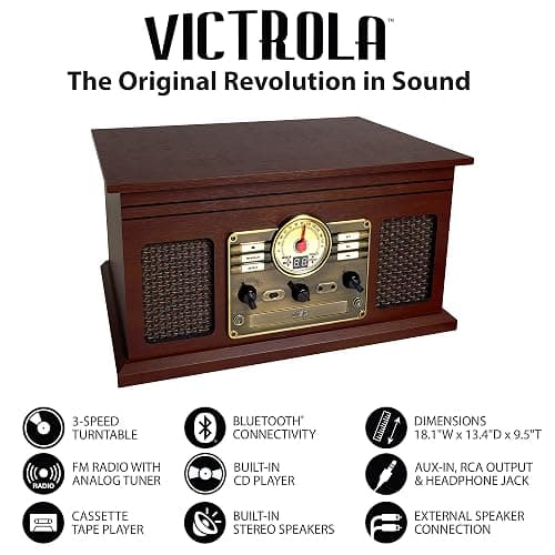 Victrola The Quincy 6-in-1 Bluetooth Record Player & Multimedia Center with Built-in Speakers – 3-Speed Turntable, CD & Cassette Player, AM/FM Radio, Wireless Music Streaming (Espresso) thumbnail 3