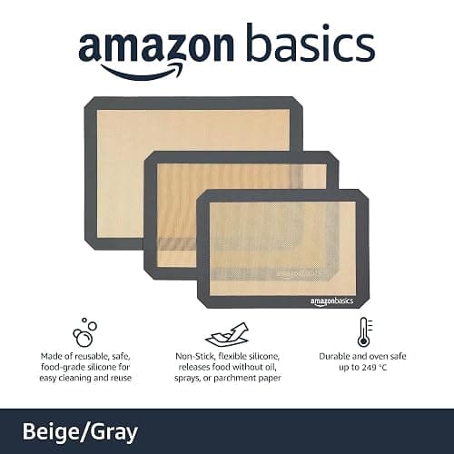 Amazon Basics Rectangular Silicone, Non-Stick, Food Safe Baking Mat, 9"x13", 9.9"x14.8", and 16.5"x11.6", Beige/Gray, Pack of 3 thumbnail 4