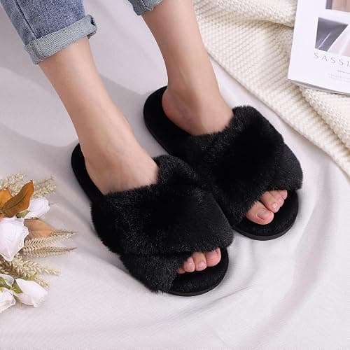 Evshine Women's Fuzzy Slippers Cross Band Memory Foam House Slippers Open Toe thumbnail 2