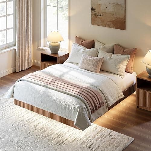 Evermagin Walnut Queen Floating Bed Frame with led Lights, Fluted Platform Bed No Headboard, Heavy Duty Mid Century Modern Float Metal Bedframe, No Box Spring Needed (Walnut, Queen-10in high) thumbnail 5