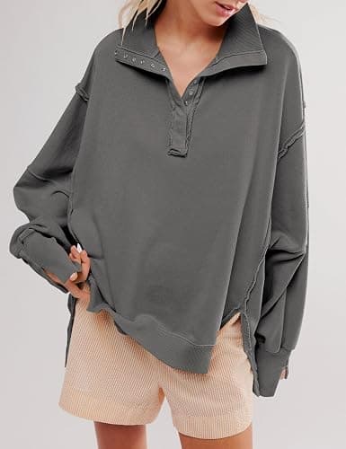 Wanzetaly Women's Oversized Sweatshirt Button Henley Neck Hoodies Long Sleeve Pullover Tops 2025 Outfits thumbnail 2