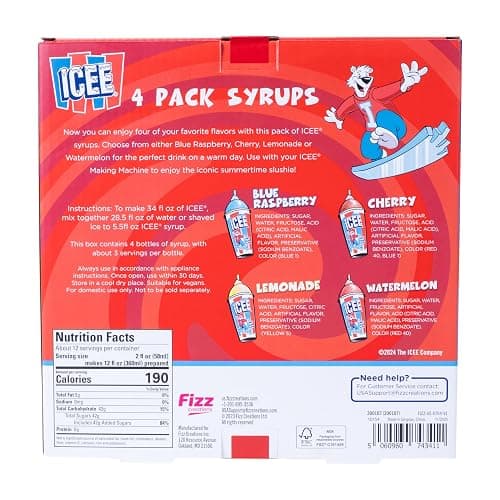 ICEE 4 Pack Slushie Syrups. Genuine ICEE Shaved Ice Snow Cone Syrup including Watermelon, Lemonade, Blue Raspberry & Cherry Flavors. 4 x 6.1floz. Perfect For Snow Cones, Slushies, Sodas & Ice Pops. thumbnail 6