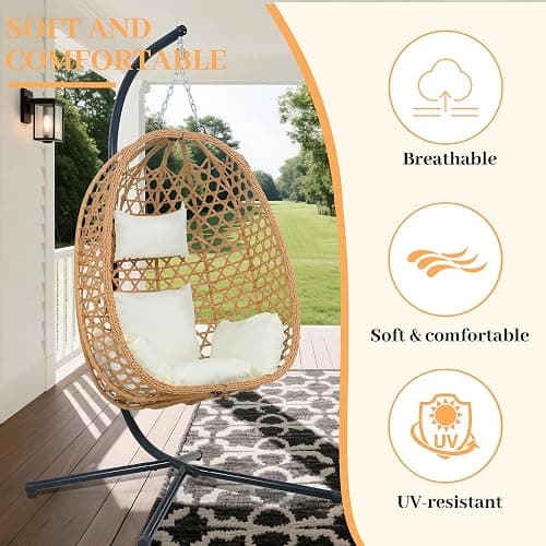 EortheX Hanging Egg Chair with Cushions – Comfortable Rattan Swing Chair with Stand for Patio, Garden, or Balcony – Stylish and Relaxing Outdoor Lounge Chair, 350LBS Capacity Indoor Outdoor (Beige) thumbnail 6