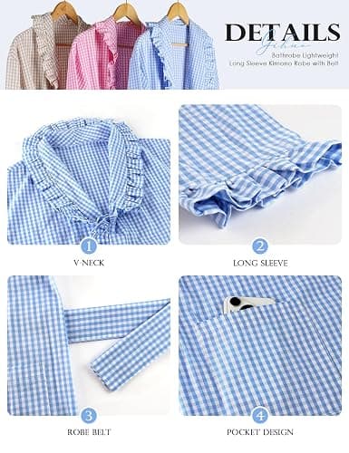 Gihuo Cotton Robes for Women Gingham Long Sleeve Ruffle Trim Bathrobe | Womens Robes Lightweight,Summer Robe,Plaid Bathrobe,Loungewear Sleepwear, Checkered Ruffle Housecoat thumbnail 3