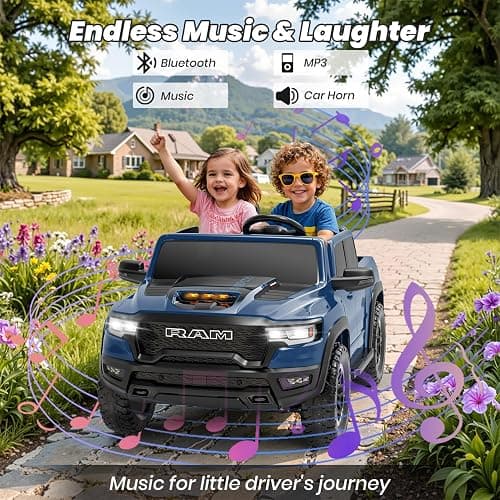 Segmart 2 Seater Electric Car Licensed RAM 1500 RHO, 24V Kids Ride On Truck w/Remote Control, Toddler Ride on Car Toys w/LED Lights, Bluetooth, Music, Truck Bed Storage, Soft Start (Blue) thumbnail 4