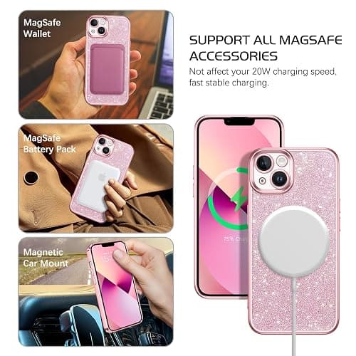 DOMAVER for iPhone 13 Case, Phone Cases with Magnetic [Compatible with MagSafe] Luxury Clear Glitter Bling Sparkly Shockproof Protective Cover Full Camera Lens Protector for Women Girls- Pink - Pink thumbnail 5