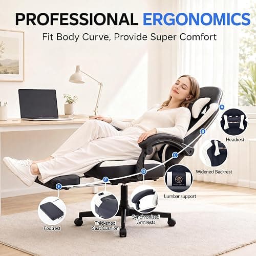 Kslysuty Desk Computer Gaming Chair - High Back Ergonomic Office Chair with Footrest and Lumbar Support, Swivel Comfy Home Gamer Video Game Chairs with Pocket Spring Cushion for Adults (White Leather) thumbnail 5