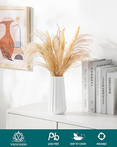 vancasso Ceramic Vase, 7.8 Inch Modern Ribbed Glossy Decorative Vase, Flower vase for Home Decor, Living Room, Bedroom, Office Decor, White thumbnail 4