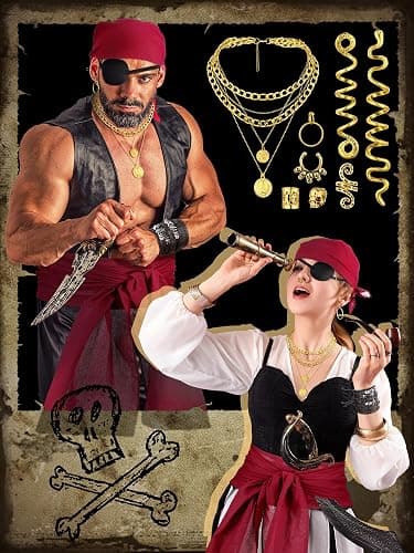 Fourluoo 31 Pieces Pirate Costume Women Rave Accessories Pirate Hat Head Scarf Sash Belt Necklace Earrings for Cosplay Party thumbnail 2
