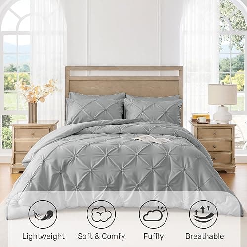 UNIKOME Queen Comforter Set Gray/Light Gray - Soft Pintuck Down Alternative Bedding Set for All Seasons, 3 Pieces Pinch Pleat Solid Bed Set with Comforter, 2 Pillowcases - 09 Gray/Light Gray - Queen(92“x88“) thumbnail 2