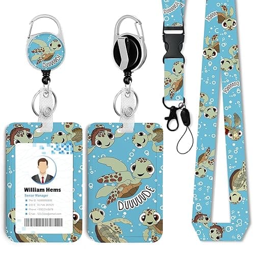 Sea Turtle ID Badge Holder with Breakaway Lanyard &Heavy Duty Retractable Reel-360°Rotating Carabiner Keychain for WomenStudents,Teachers, Nurses, Office Use - Flower Mountain Moon