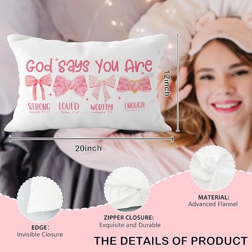 YeiHe Pink Bow Coquette Christian Pillow Covers 12x20, Pink Coquette Room Decor, Girly Bedroom Decor, God Says You are Affirmation Bible Verse Pillow Covers, Christian Gifts for Women Teen Girls thumbnail 6