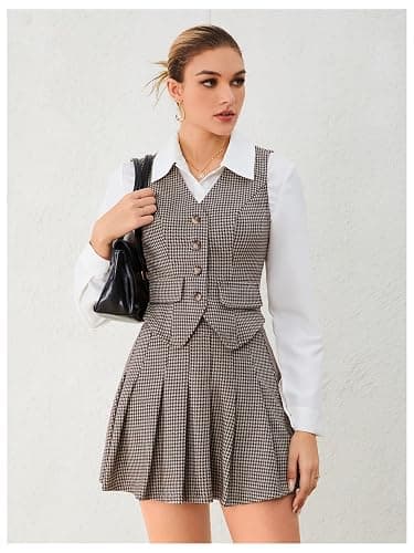 Milumia Women's Plaid Skirt Sets 2 Piece Outfits Blazer Vest Top and Pleated Mini Skirt Suit thumbnail 6