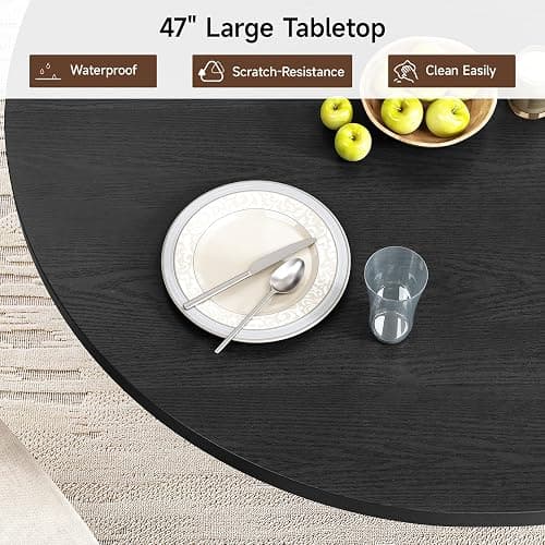 47 inch Round Dining Table for 4, Circle Kitchen Table with 2-Layer Storage Shelf and a Drawer, Modern Farmhouse Dinner Tables with Sliding Door and Wood Strip Base for Kitchen, Living Room (Black) thumbnail 4