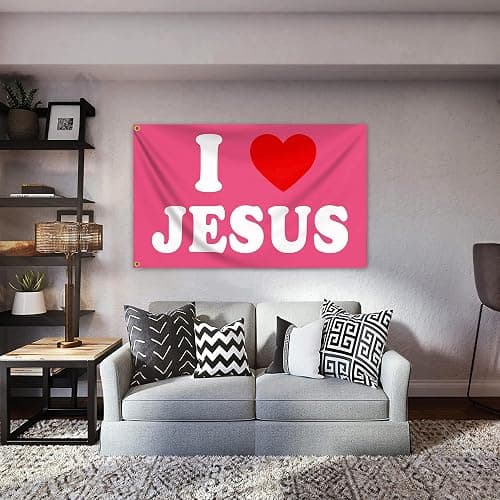 KNAPAL I Love Jesus Flag Pink 3x5 Ft Christian Jesus American Flag Durable Polyester I Heart Jesus Flags for House Yard Indoor College Dorm Room Bedroom Wall Jesus Loves You Outdoor Flag Banner Decor thumbnail 7