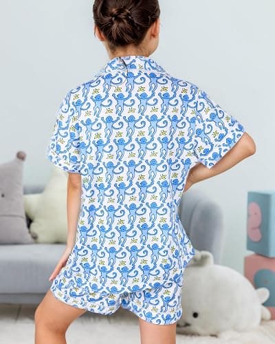 Zelbuck Girls Summer Outfit, Kids 2 Piece Button Down Monkey Beach Shorts Set Ugly Animal Y2k Preppy Loungewear Pjs - Light Blue - 10-11 Years thumbnail 7
