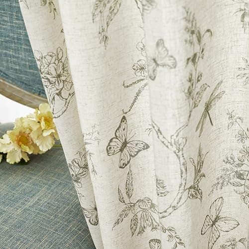 Lazzzy Linen Farmhouse Curtains Green Floral Curtains 63 Inch Length Drapes for Living Room Bedroom Pattern Light Filtering Country Vintage Curtain Grommet Top, 2 Panels, Green on Beige thumbnail 8