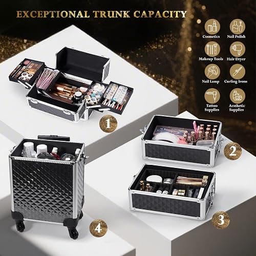 Stagiant Rolling Makeup Case Cosmetology Case on Wheels 4 in 1 Large Cosmetic Organizer Train Case Makeup Travel Case with Key Swivel Wheels Nail Artist Salon Storage Traveling Cart Trunk Black thumbnail 2