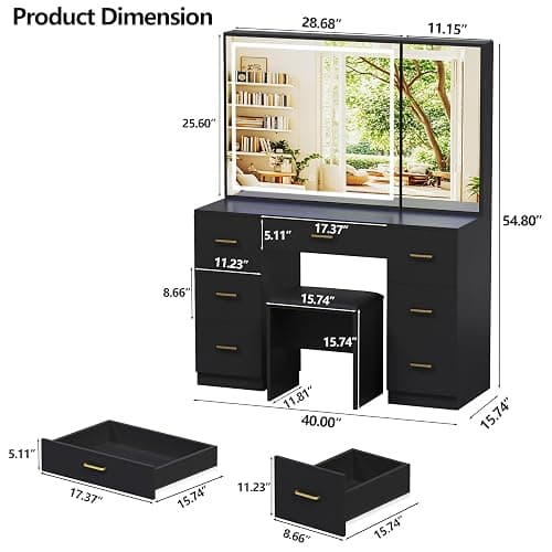 Jartoil Vanity Desk with Large Mirror and Lights, Black Makeup Vanity with 7 Drawers, Adjustable Brightness Vanity Table with Glass Door Cabinet, Modern Vanity Set with Stool for Bedroom thumbnail 2
