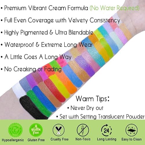 CCbeauty 36 Colors Face Body Paint Oil Based, Safe Neon Face Painting Palette Kit with Translucent Setting Powder,10 Black Brushes for Halloween SFX Special Effects Costume Cosplay Makeup thumbnail 3