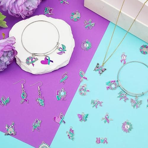 MARFOREVER 40 Pcs/20 Pairs Suicide Awareness Charms, Suicide Prevention Charms Teal Purple Ribbon Pendant for Bracelet Necklace Earrings Making Accessories thumbnail 2