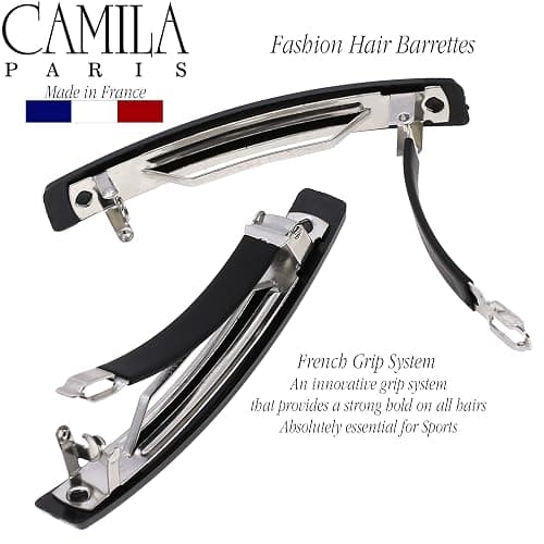 Camila Paris AD2/2 French Hair Barrette Clip for Girls, Set of 2 Black Small Rubberized Metal Clasp Strong Hold Grip Hair Clips for Women, No Slip Styling Girls Hair Accessories, Made in France thumbnail 4