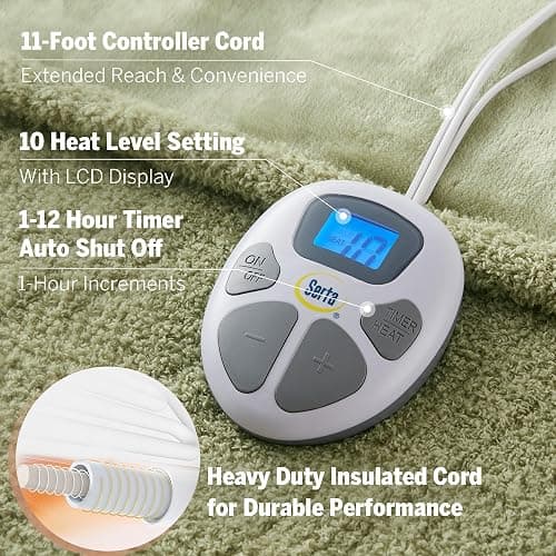 Serta Heated Blanket, Electric Twin Size, Soft, Warm, Fuzzy - Auto Shut Off Timer, 10 Lv Heat Setting, ETL Certified, 62" x 84" Sage thumbnail 7