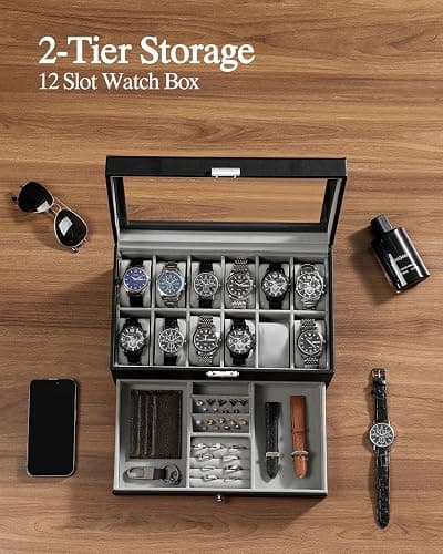 GUKA Watch Box 12 Slot Watch Display Organizer Leather Jewelry Case Drawer Glass Birthday for Men Women, Child Husband Dad thumbnail 5