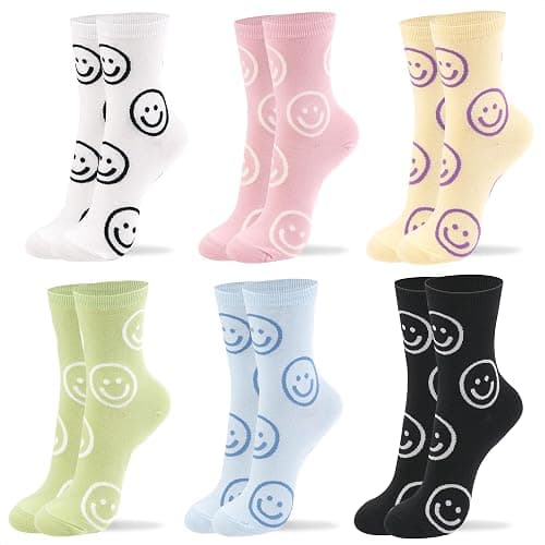 Kikiya Women's Cotton Crew Socks - Cute Smiley Face Funny Bow Fruit Graphic Crazy Animal - Ladies Girls Casual Socks Size 6-8 - Image 1