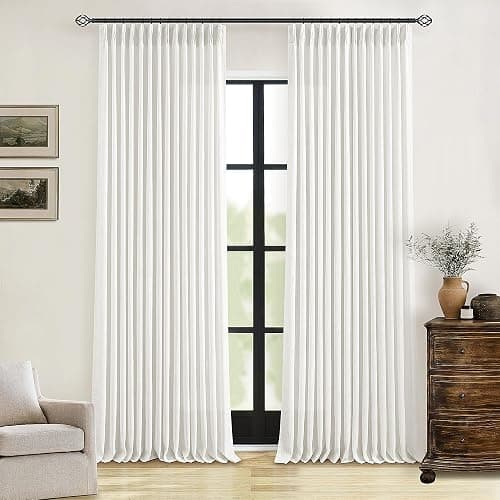 TWODRAPES Beige White Pinch Pleated Linen Curtains 2 Panels 100 Inches Long | Memory Training Shaped, Semi Sheer Pleat Drapes with Hooks Rings, Light Filtering Curtains 40x100 for Living Room Bedroom - Image 1