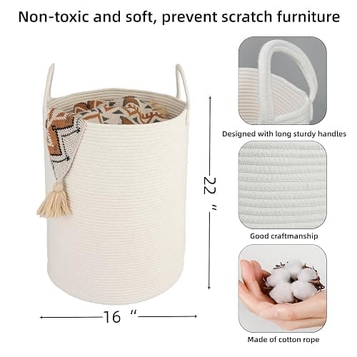 XUANGUO Cotton Rope Laundry Basket Hamper for Clothes Woven Storage Basket for Living Room Bedroom Boho Tall Rope Baskets for Blanket Toys Pillow Towels Baby Nursery Hamper Bin Large white thumbnail 3