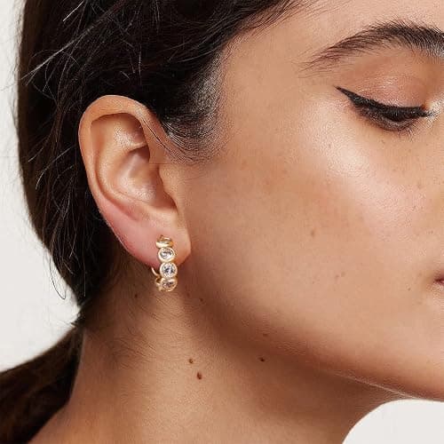 MTMY Huggie Hoop Earrings 14K Gold Plated Cubic Zirconia Dainty Simple Cute Beads Elegant CZ Circle Small Hoop Earring for Women Minimalist Handmade Hypoallergenic Jewelry thumbnail 2