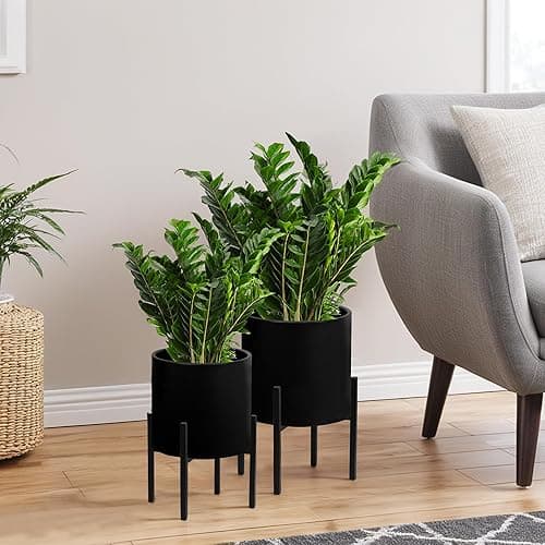 ARNIS Modern Plant Pots, Set of 2 Large Planters with Stand, Decorative Planters, Metal Pots with Drainage Holes for Living Room, Office, Garden or Balcony, 8.25 &10.5 Inch, Blcak - Black - 8.25 &10.5