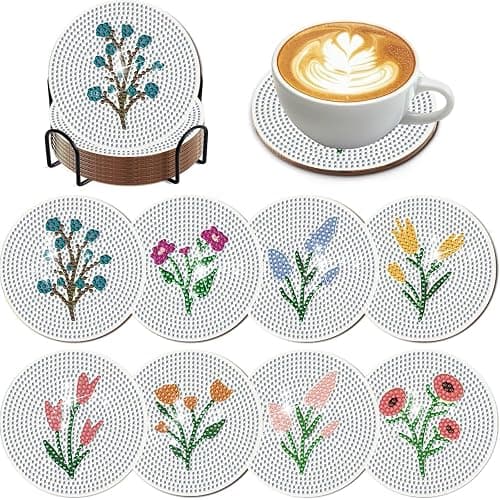 DOTZSO 8 Pcs Diamond Art Coasters Kit with Holder, Diamond Art Kits for Adults Beginners Small Diamond Painting Coasters, Arts and Crafts for Adults Supplies Item Sets (Flower) - Image 1