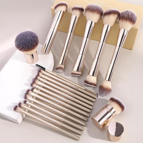 MAANGE 20 Pcs Makeup Brushes with Gift Box, Double-End Multi-functional Makeup Brushes for Blending Liquid Powder Concealer Cream Blush Buffe,Champagne thumbnail 7