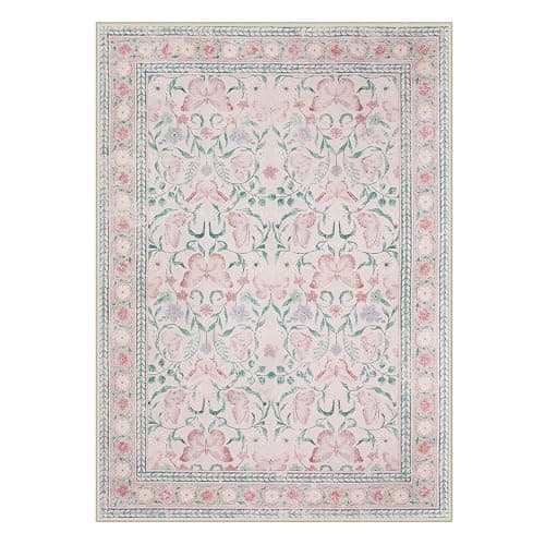 Beeiva Boho Washable Rugs 5x7, Pink Area Rug Carpet for Bedroom, Non Slip Butterfly Bedroom Rug with Low Pile, Distressed Ultra-Thin Floral Indoor Floor Carpet for Nursery (Pink,5'x7') thumbnail 2