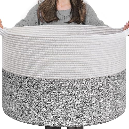 INDRESSME Large Storage Basket, 21.7'' x 13.8'' Cotton Rope Blanket Basket Living Room, Toy Organizers and Storage with Handles for Kids, Laundry Baskets for Clothes, Towel, 90L Grey - Image 1