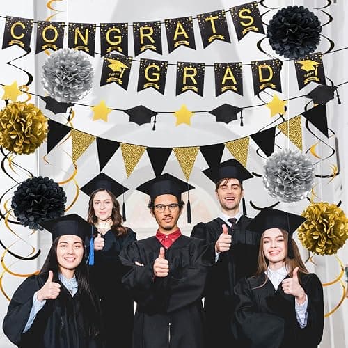 Graduation Decorations for 2026, Congrats Grad Banner and Star Cap Garland, Pennant Banner, Black and Gold Tissue Paper Pompoms, Hanging Swirls, for Graduation Party Decorations thumbnail 5
