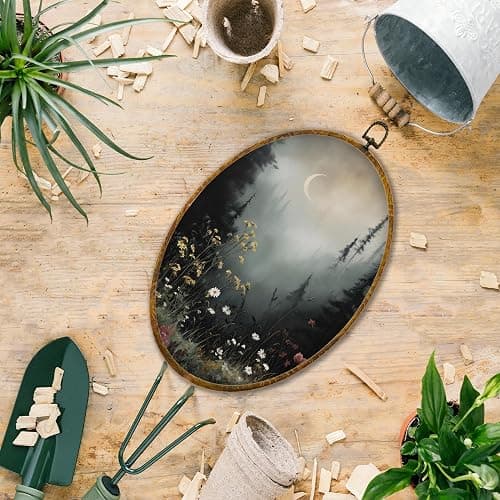 Hiuwevt Vintage Moody Forest Moon Oval Wall Art Decor, Dark Cottagecore Flower Field Framed Canvas Prints, Rustic Landscape Oval Wall Hanging Decor for Home Bedroom Decorations, 8.6x11.4 Inches thumbnail 6