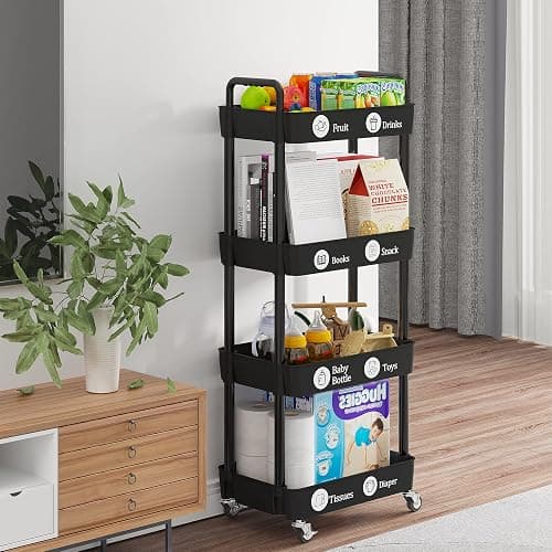 Laiensia 4-Tier Rolling Cart with Wheels,Multifunction Utility Storage Carts, Kitchen Storage Organizer,Mobile Shelving Unit for Bathroom,Laundry,with Classified Stickers,Black thumbnail 6