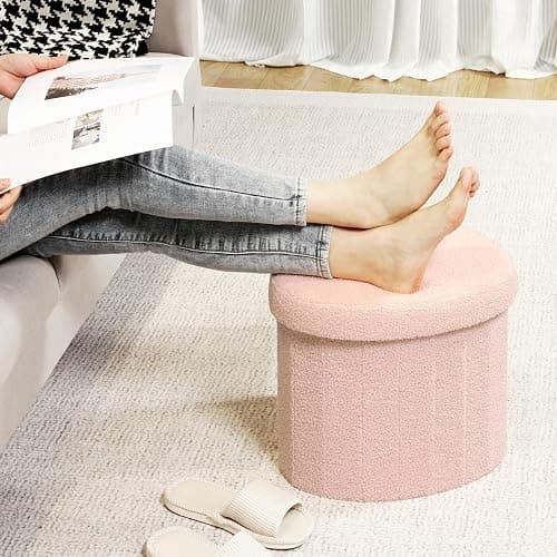 B FSOBEIIALEO Storage Ottoman Cube, Heart Shaped Ottomans with Storage Foot Stool Footrest for Lving Room, Boucle Ottoman Seat for Dorm Room,Faux Teddy Fur, Pink 15"x15"x15" thumbnail 5