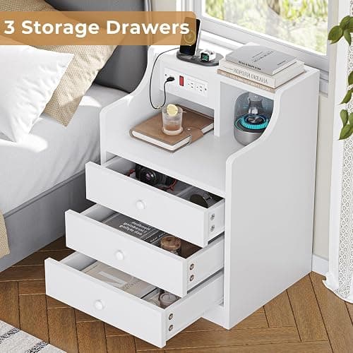ADORNEVE Nightstand with Charging Station,White Night Stand with Hutch,Bedside Table with Drawers,Bed Side Table with Storage thumbnail 7