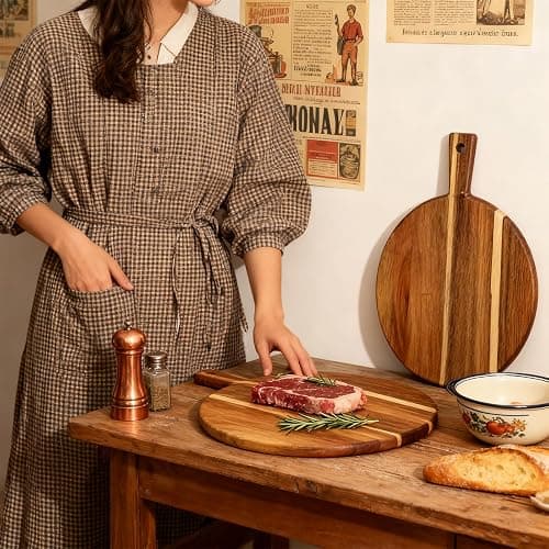 S310 Acacia Wood Round Cutting Board with Handle, Wooden Chopping Board for Meat, Cheese, Bread & Vegetables, Decorative Charcuterie Serving Board for Kitchen Cooking, Pizza & Party Dining, 17"x13" thumbnail 8