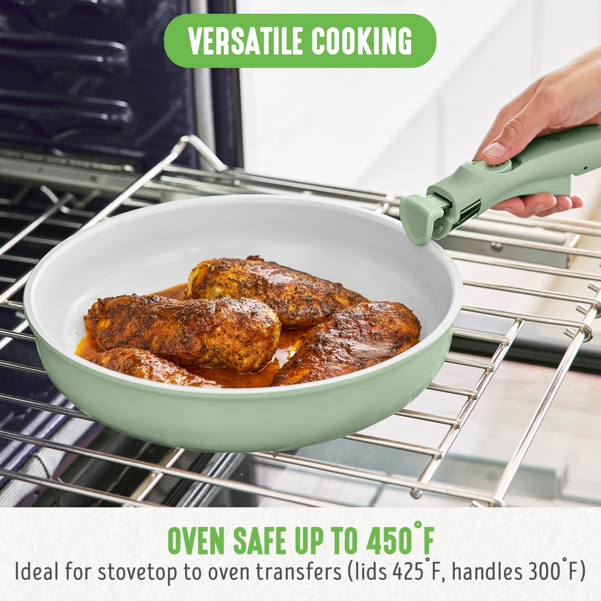 GreenLife Click 10-Piece Ceramic Nonstick Cookware Set, Detachable Handle, Stackable Space Saving Kitchen Essential, Non Toxic PFAS-Free Pots & Pans, Induction & Oven Safe, Glass Lid, Sage Green thumbnail 9