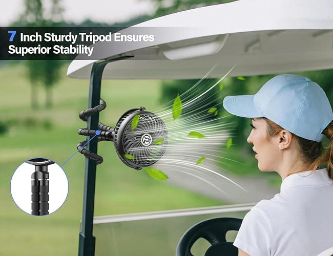 Rechargeable Golf Cart Fan Compatible with EZGO Club Car Yamaha Clip on Fan with Flexible Tripod, 360° Rotatable, 20Hrs Work, 3 Speed Battery Operated for Golf Cart Golf Palyer Summer Essential thumbnail 3