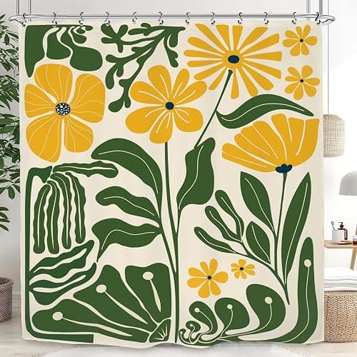 Kalmico Yellow Green Matisse Flower Shower Curtain 60Wx72L Inch Abstract Retro Aesthetic Minimalist Vintage Art 70s Trendy Modern Bathroom Set Accessories Decor with 12 Pack Hooks thumbnail 3