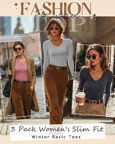 Riyiper 3 Pack Women Long Sleeve Shirts, 95% Cotton V Neck Ribbed Knit Tops Slim Fit Casual Going Out Tee Shirts thumbnail 6