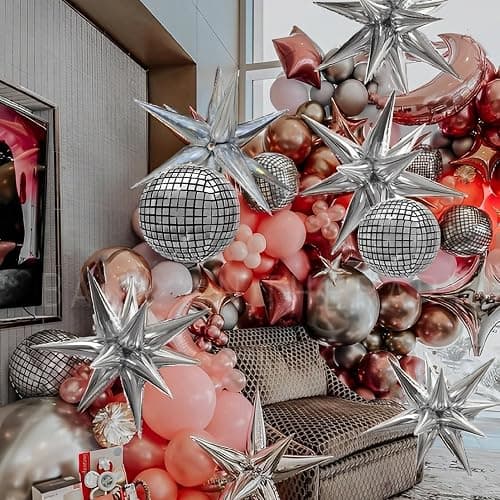 Inflatable Disco Ball Balloons Pack of 14 - 22” Silver Mylar Foil Disco Party Balloons with Star Balloons, Ribbon & Pipe for New Year's Disco Ball Decorations Party, Bachelorette, Birthday Décor thumbnail 7